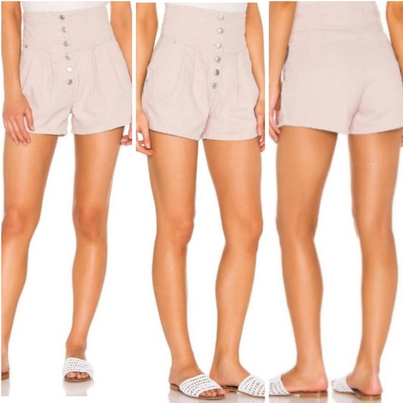 We The Free People Paris Pleated High Rise Button Up Macaroon Beige Denim 24 - Picture 1 of 16